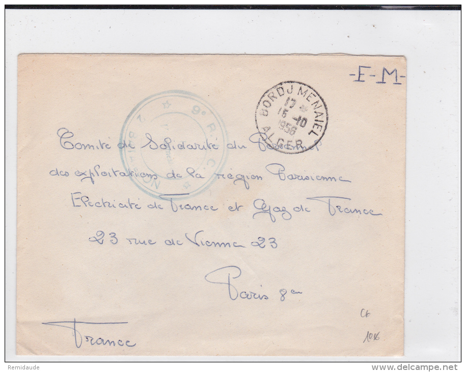 ALGERIE  - 1956 - ENVELOPPE FM Du 9° RIC à BORDJ MENAIEL (ALGER) Pour PARIS - Guerre D'Algérie