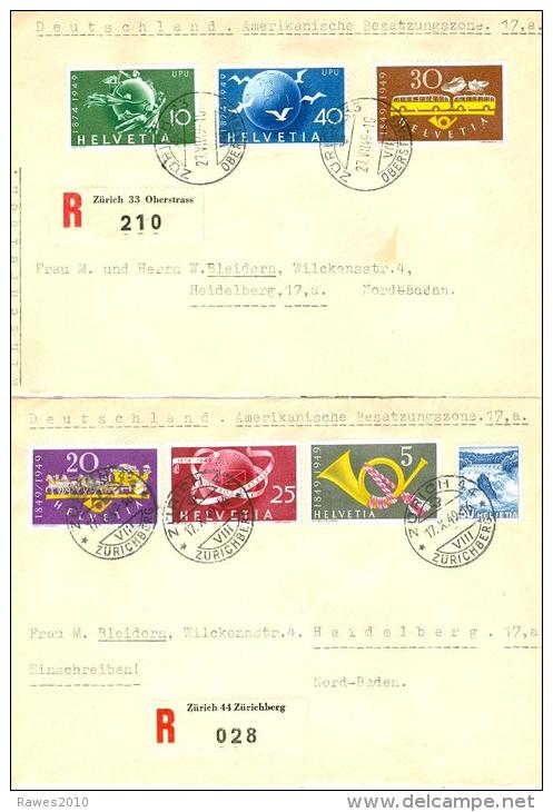 Schweiz 1949 Zürich Mi. 521 - 524 UPU + Mi. 504 Rheinfall 2 R-Briefe Nach Deutschland - Briefe U. Dokumente