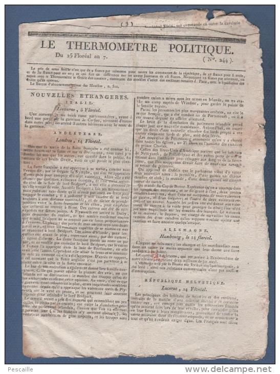 LE THERMOMETRE POLITIQUE 25 FLOREAL AN 7 - LUCERNE - CAEN - THEATRE FAVART - ARMEE DU DANUBE - VENISE - CONSEIL DES 500 - Kranten Voor 1800