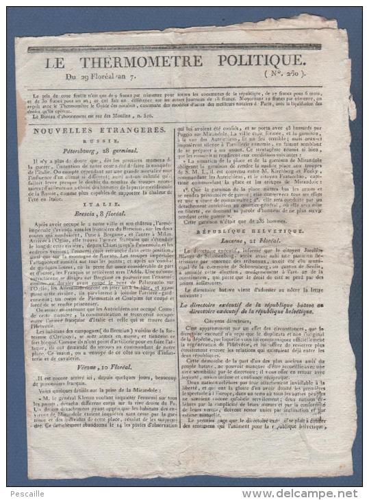 LE THERMOMETRE POLITIQUE 29 FLOREAL AN 7 - BRESCIA VERONE - LUCERNE LAUSANNE BASLE - STUTTGART AUGSBOURG - - Journaux Anciens - Avant 1800