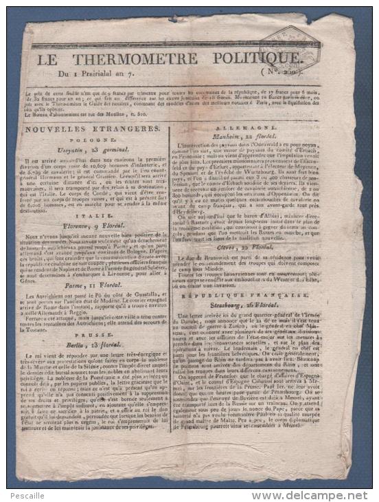 LE THERMOMETRE POLITIQUE 1 PRAIRIAL AN 7 - BERLIN MANHEIM - STRASBOURG - GARDES NATIONALES - BONASTES MEULAN - CHAMBERY - Periódicos - Antes 1800