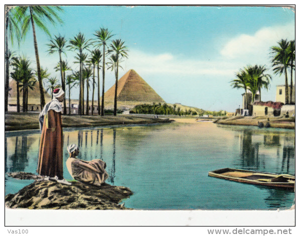 CPA THE PYRAMIDS DURING NILE FLOOD, BOATS, BEDUINS - Pyramids