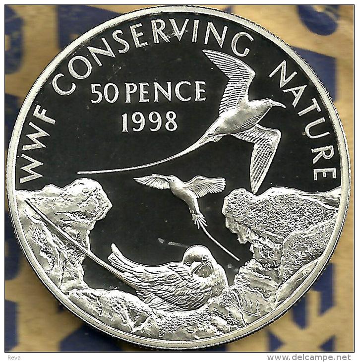 ASCENSION ISL  50 PENCE BIRD WWF CONSERVATION FRONT QEII HEAD BACK 1998 SILVER PROOF KM10a READ DESCRIPTION CAREFULLY!! - Ascension Island