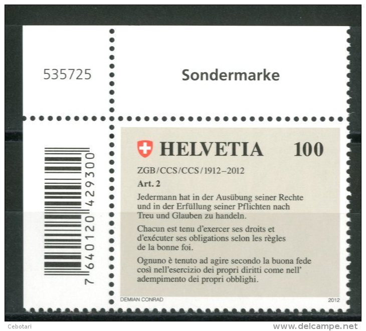 SVIZZERA / HELVETIA 2012** - 100° Codice Civile Svizzero - 1 Val. MNH Con Codice A Barre Come Da Scansione - Nuovi