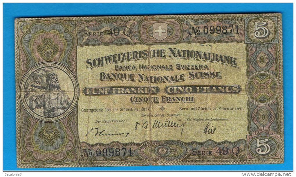 SUIZA - SWITZERLAND - SUISSE - 5 Francs 1951 Circulado  P-11 - Switzerland