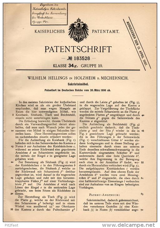 Original Patentschrift - W. Hellings In Holzheim B. Mechernich ,1906 , Sakristei - Möbel , Kirche , Gebet , Euskirchen ! - Autres Plans