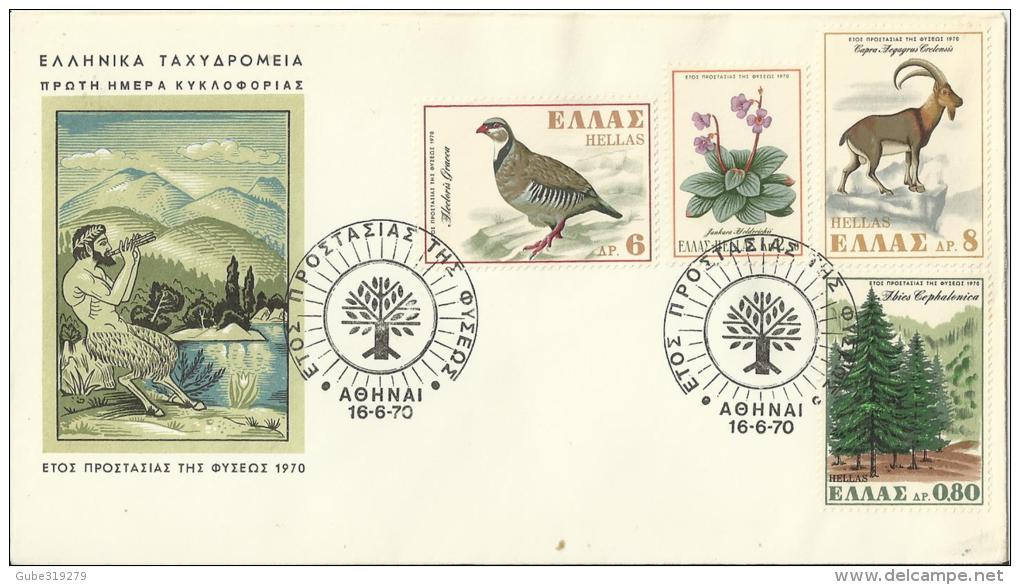 GREECE 1970 – FDC NATURE PROTECTION DAY – BIRDS – FLOWERS – TREES – MUFLONS – W 4 STS OF 0,80-2,50-6-8 DR. POSTM ATHENS - FDC