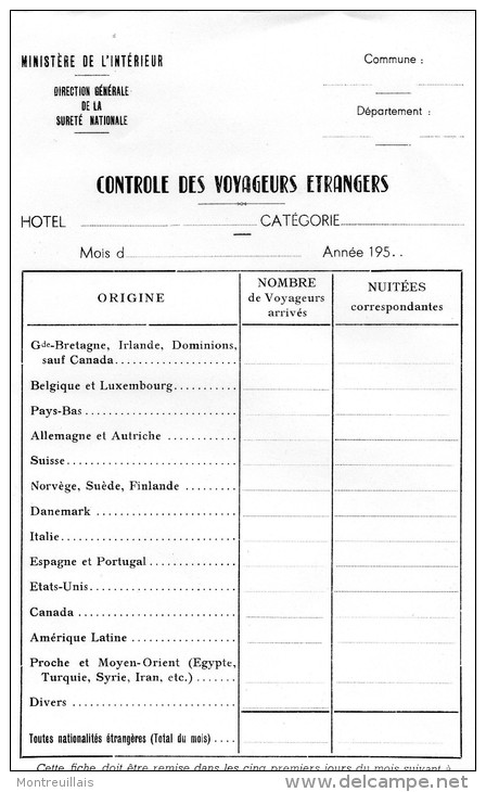 Document Ou Fiche  Vierge Pour Le Contrôle Des Voyageurs étrangers Pour Les Hôtels, - Polizia