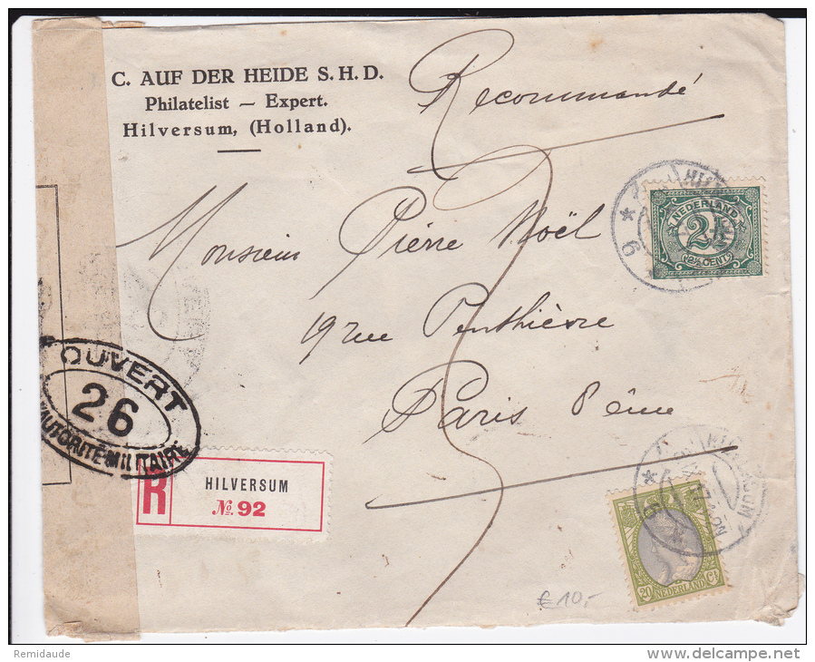 NEDERLAND - 1917 - ENVELOPPE RECOMMANDEE De HILVERSUM Avec CENSURE FRANCAISE N°26 Pour PARIS - Storia Postale