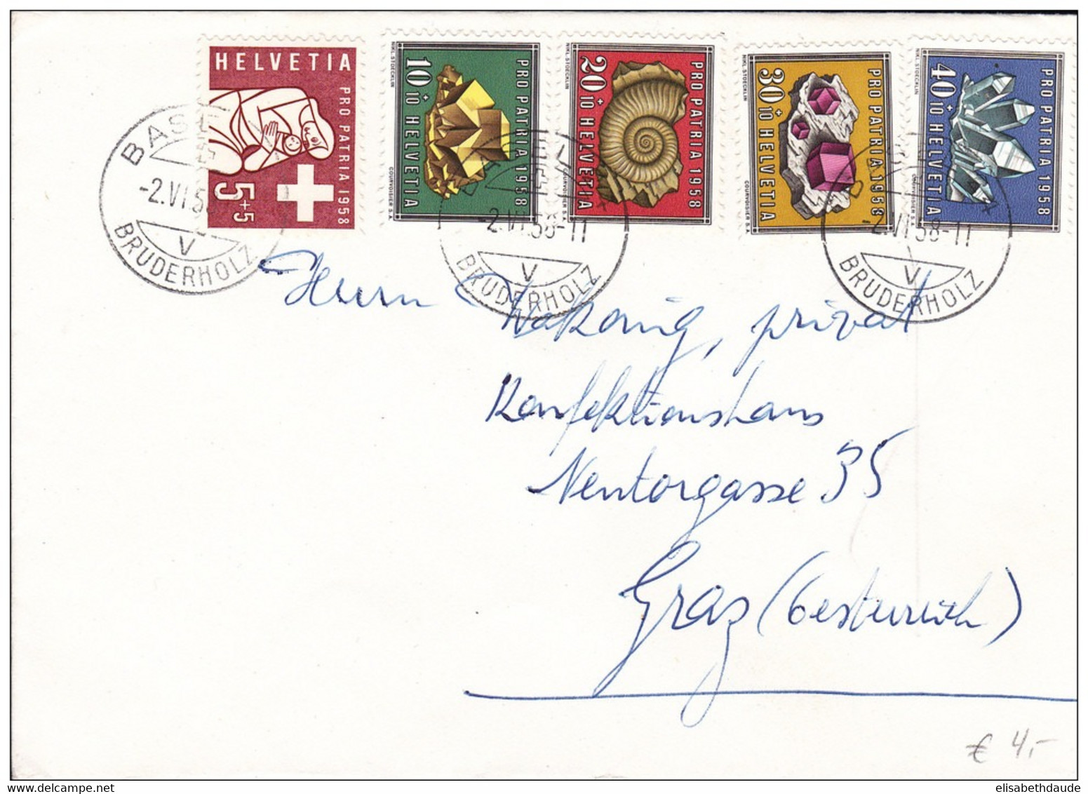 SUISSE - 1958 - ENVELOPPE FDC PRO PATRIA De BERN Pour GRAZ - MINERAUX - Briefe U. Dokumente