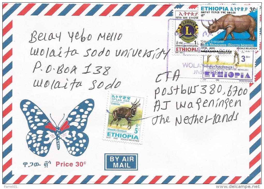 Ethiopia 2011 Wolayta Soddo University Village Postmark Antilope Rhinoceros Lions Club Cover - Ethiopië