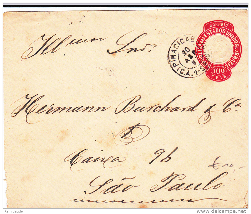 BRESIL - 1897 - ENVELOPPE ENTIER De PIRACICABA Pour SAO PAULO - Postal Stationery