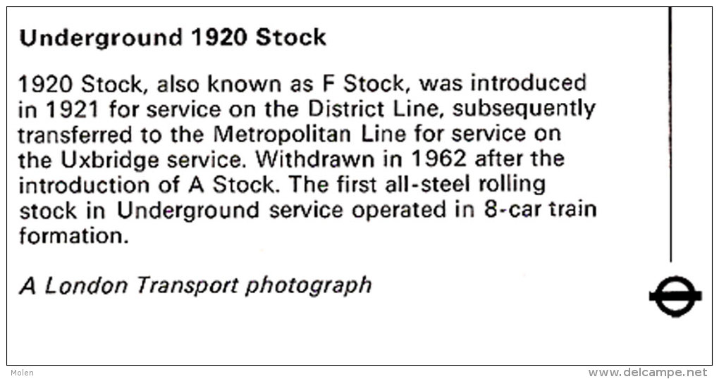 LONDON TRANSPORT UNDERGROUND STOCK 1920 METROPOLITAN LINE METRO TUBE TRAIN TREIN LOCOMOTIVE LOCOMOTIEF ZUG TRENO 1199 - Subway