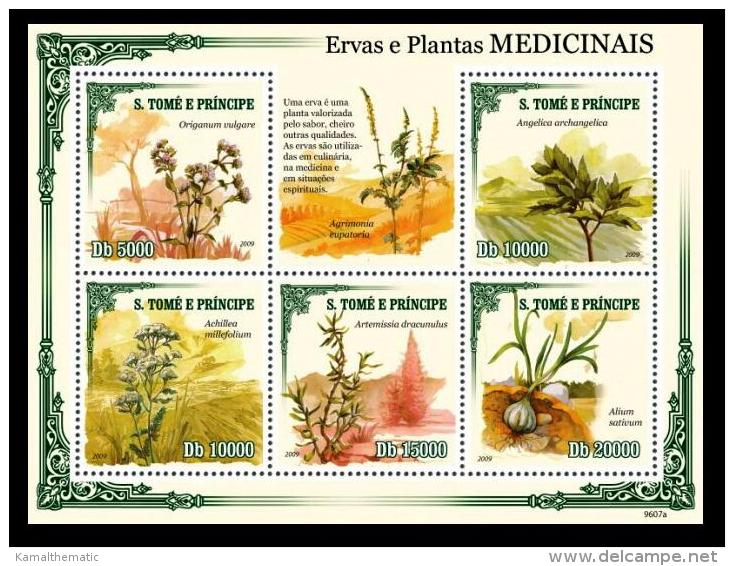 S. Tome MNH 5v SS, Medicine Plants, Artemisia Vulgaris, Garlic, - Medicina