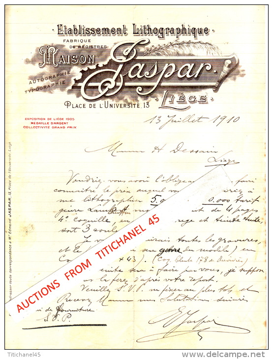 Lettre 1910 - LIEGE - MAISON JASPAR - Lithographie, Typographie, Gravure, Autographie, Fabrique De Registres - Otros & Sin Clasificación