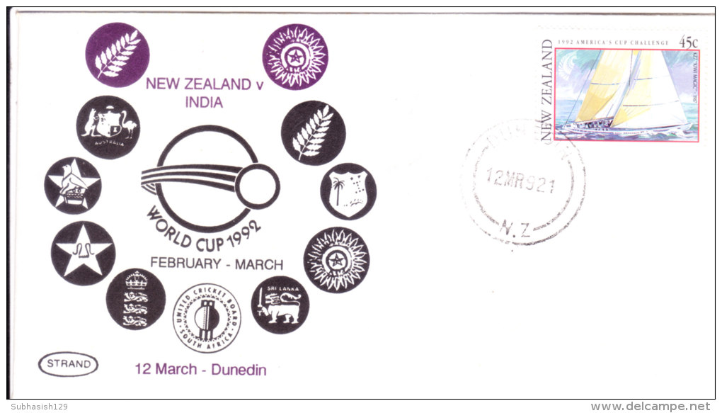 Special Cover On Cricket, On Occasio Of Cricket World Cup 1992 Match Between India-new Zealand At Denedin On 12.03.1992 - Entiers Postaux