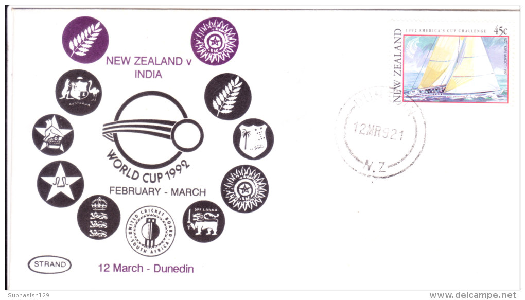 Special Cover On Cricket, On Occasio Of Cricket World Cup 1992 Match Between India-new Zealand At Denedin On 12.03.1992 - Postwaardestukken