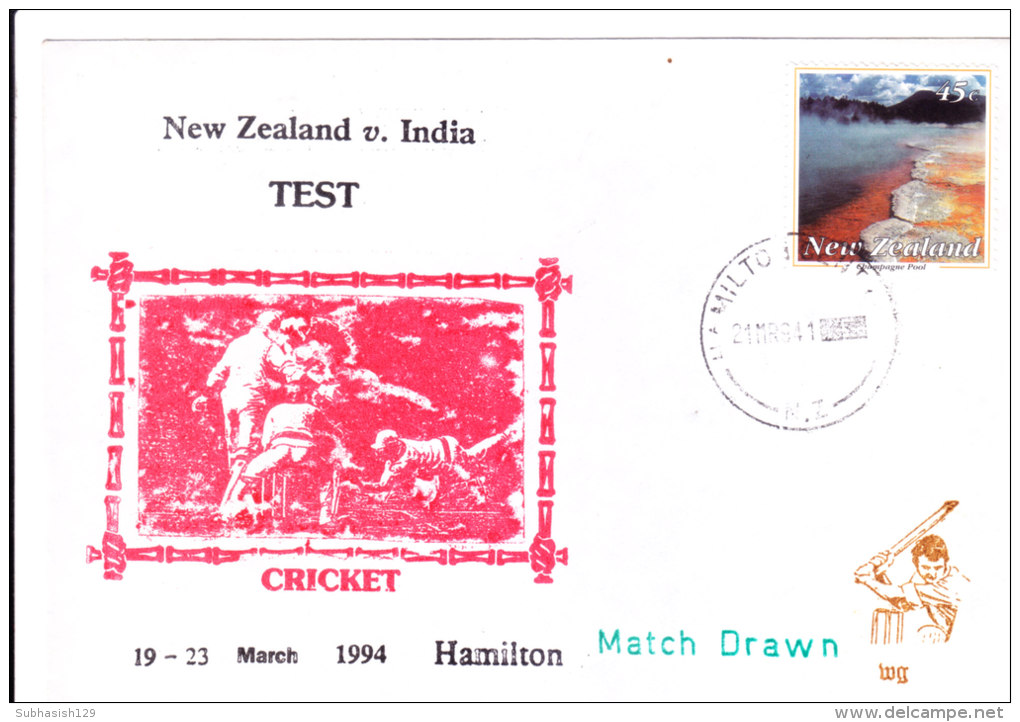Special Cover On Cricket, On Occasion Of New Zealand-india Test Match At Hamilton On March 1994, Imprint Match Result - Interi Postali