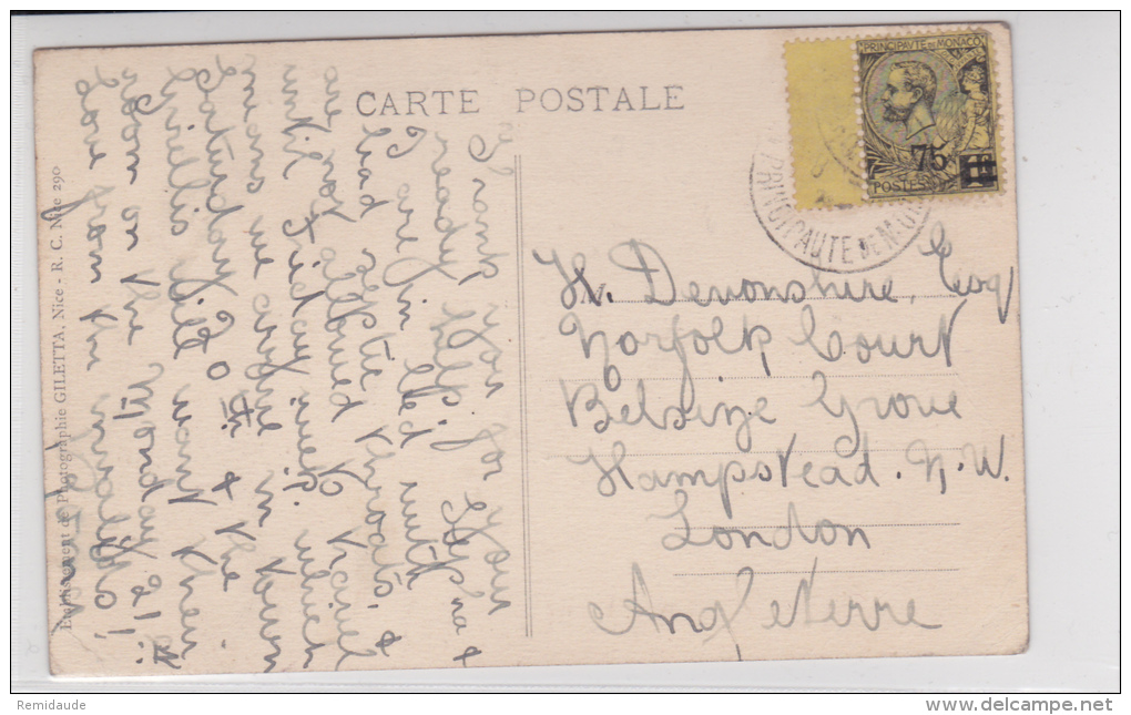 MONACO - 1924 - SEUL SUR CARTE De MONTE CARLO Pour L'ANGLETERRE - - Postmarks