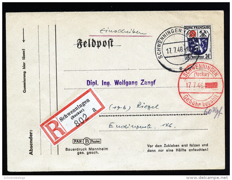 A2284) Französische Zone R-Brief Von Schwenningen 17.7.1946 Mit Teilbarfrankatur - Sonstige & Ohne Zuordnung