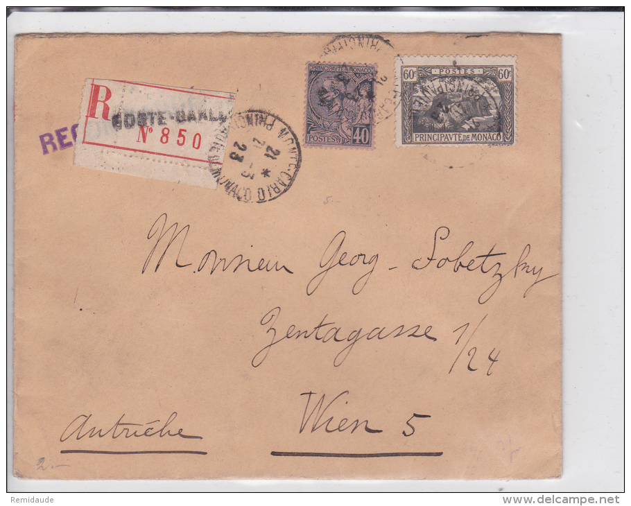 MONACO - 1923 - ENVELOPPE RECOMMANDEE De MONTE CARLO Pour WIEN (AUTRICHE) - Poststempel