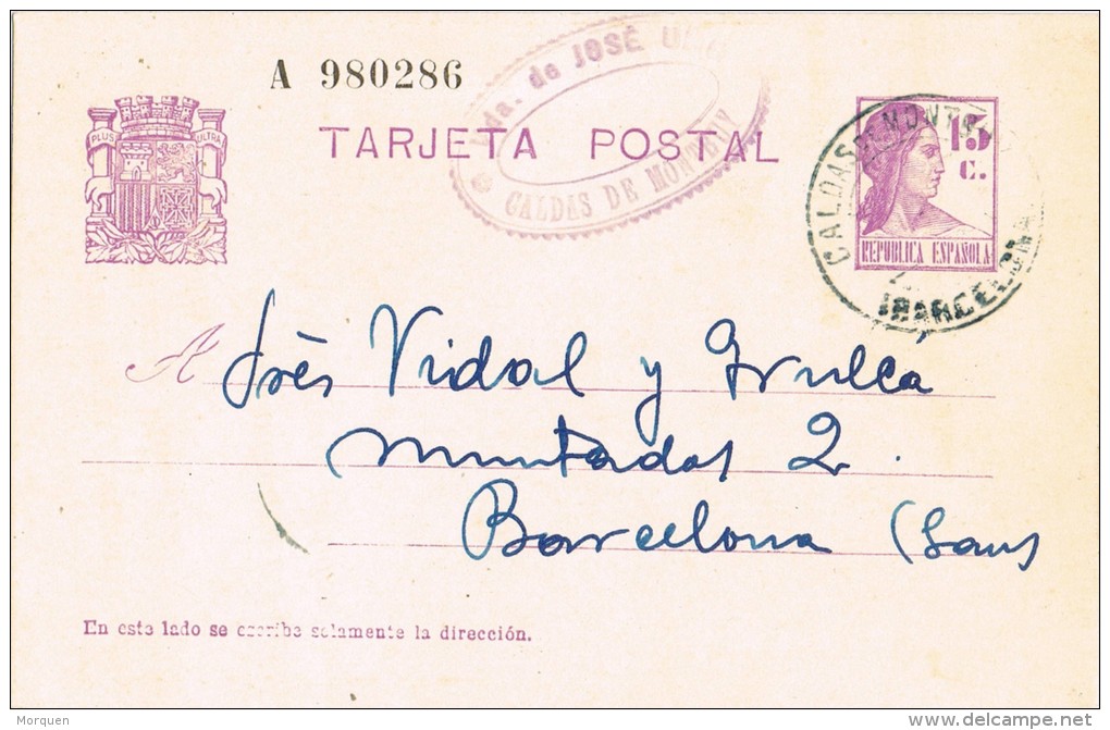 4907. Entero Postal CALDAS De MONTBUY (Barcelona) 1932, Fechador Azul - 1931-....