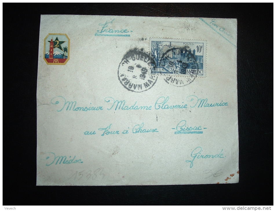 LETTRE PAR AVION POUR FRANCE TP 10F OBL. 8-1-1949 MARRAKECH-GUELIZ MAROC + ENTETE REGIMENTAIRE - Lettres & Documents