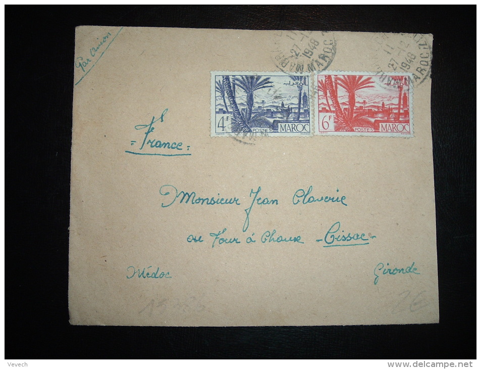 LETTRE PAR AVION POUR FRANCE TP 6F + 4F OBL. 27-12-1948 MARRAKECH-GUELIZ MAROC - Lettres & Documents