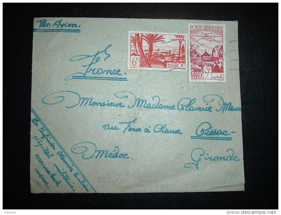 LETTRE PAR AVION POUR FRANCE TP 9F + 6F OBL.MEC. 12 AVRIL 1949 MARRAKECH-MEDINA MAROC - Lettres & Documents