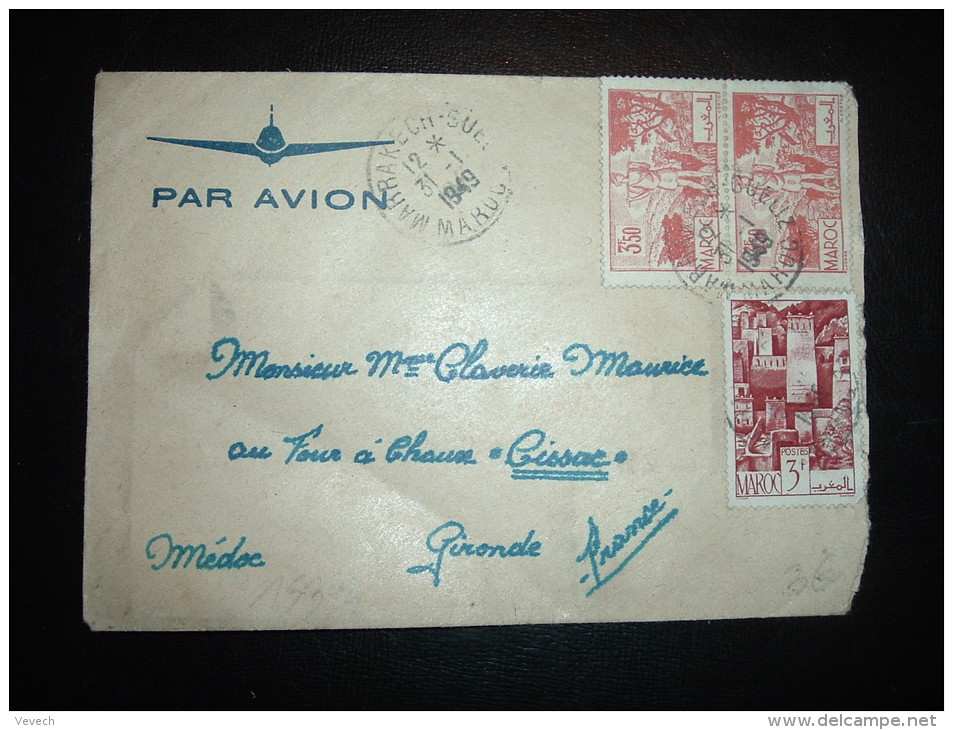 LETTRE PAR AVION POUR FRANCE TP 3F50 X2 + 3F OBL. 31-1-1949 MARRAKECH-GUELIZ MAROC - Lettres & Documents