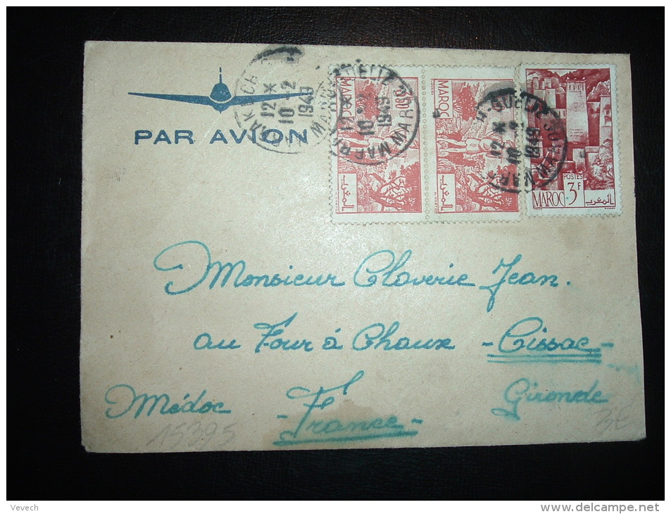 LETTRE PAR AVION POUR FRANCE TP 3F50 X2 + 3F OBL. 10-2-1949 MARRAKECH-GUELIZ MAROC - Lettres & Documents