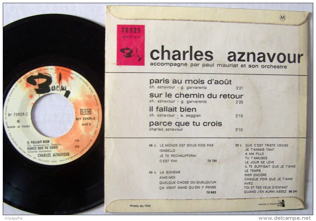 Charles AZNAVOUR Chante Paris Au Mois D'aout EP Sur Le Chemin Du Retour M / M - Disco, Pop