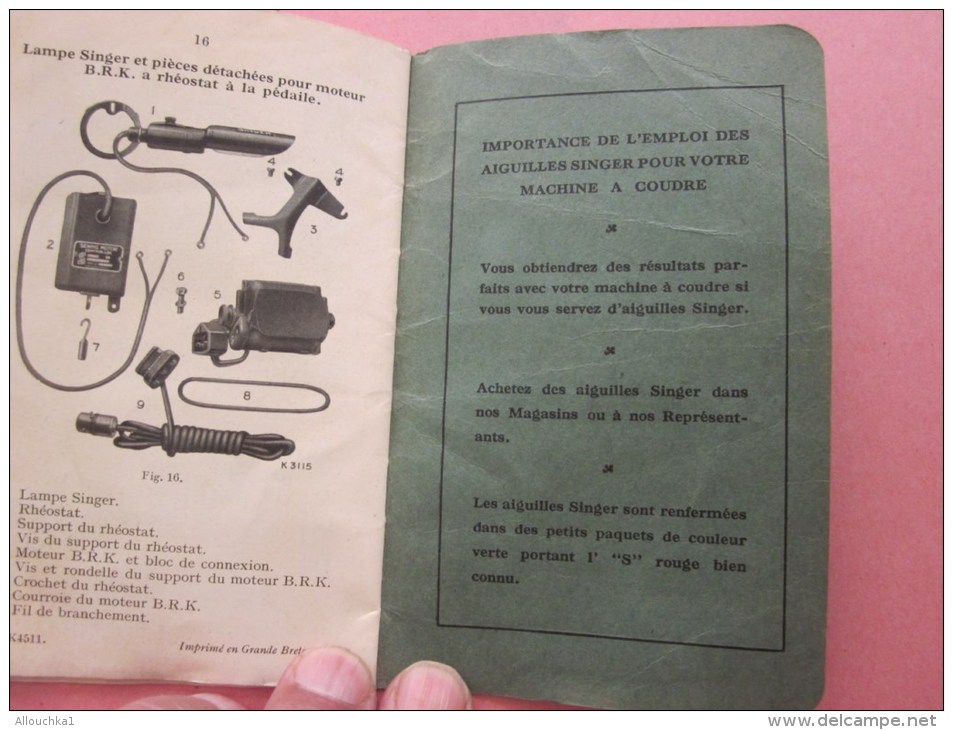 1932 INSTRUCTIONS pour emploi machine à Coudre Singer B.R..K. moteur électrique rhéostat commandé par pédale voir Photos