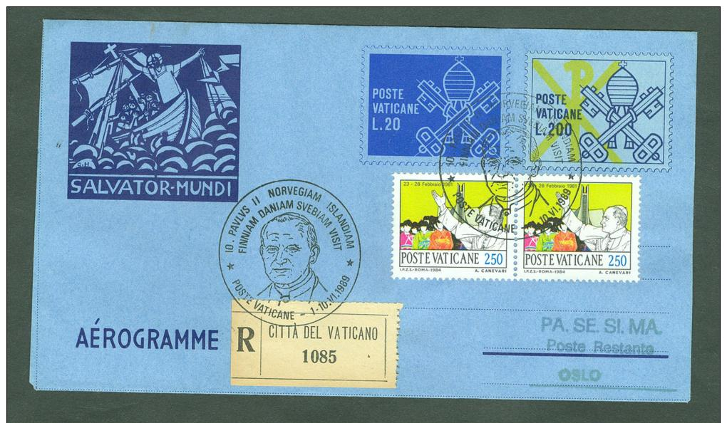 VATICAN 1989 AEROGRAMME REGISTERED POPE JOHN PAUL II Travel To OLSLO NORWAY (WITH NEWSPAPER OF EVENT) (E9319 - Lettres & Documents