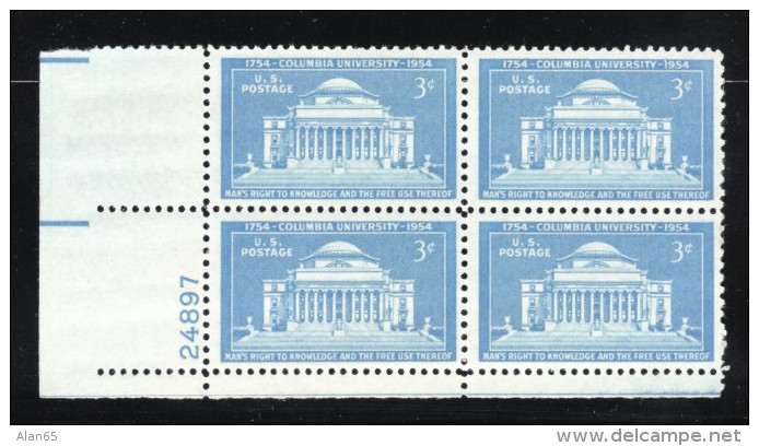 Lot Of 2, #1029 &amp; #1033 Plate # Blocks Of 4 Each US Postage Stamps, Thomas Jefferson, Columbia University - Plattennummern