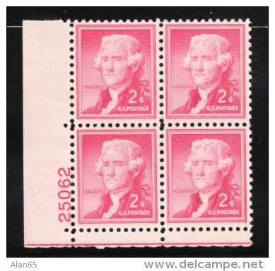 Lot Of 2, #1029 &amp; #1033 Plate # Blocks Of 4 Each US Postage Stamps, Thomas Jefferson, Columbia University - Plattennummern