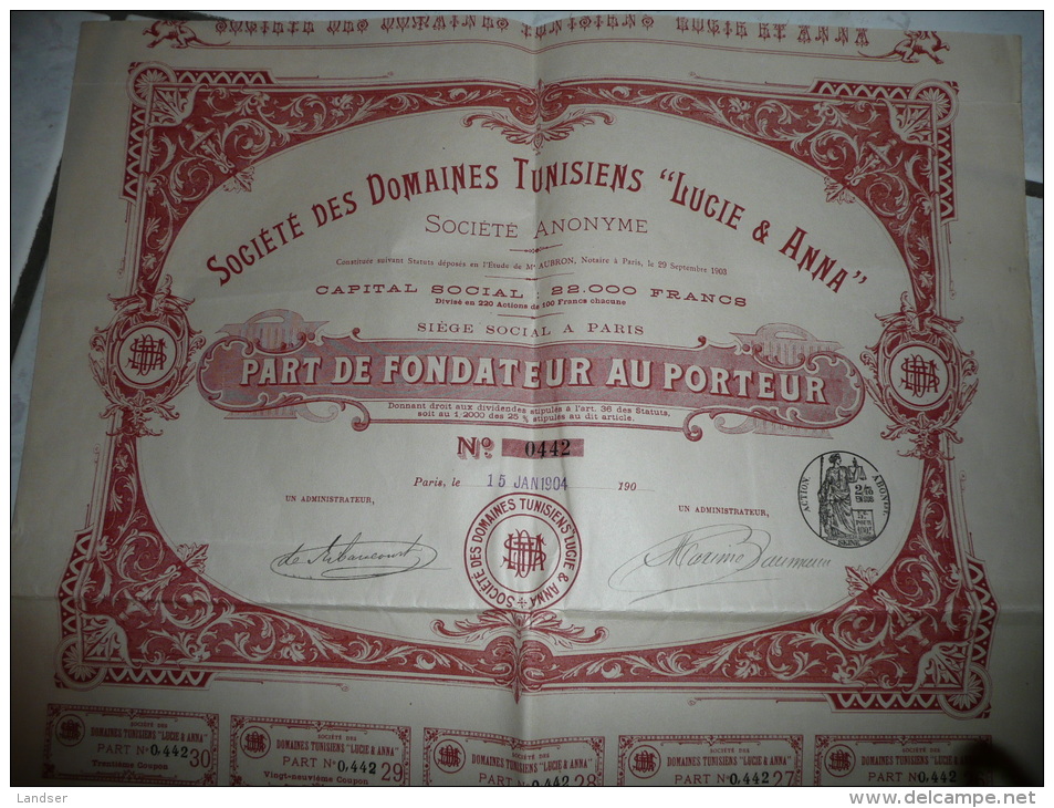 Societe Des Domaines Tunisien "lucie Et Anna" 1904 - Afrique