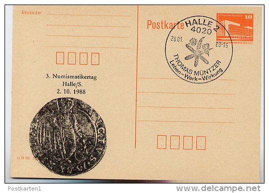 DDR P86II-28-88 C30  Postkarte Zudruck NUMISMATIKERTAG HALLE Sost THOMAS MÜNTZER 1989 - Privatpostkarten - Gebraucht