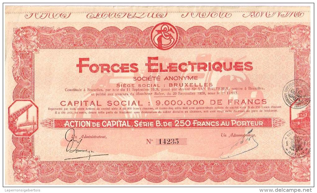 Titres Anciens Forces Electriques Action De Capital Série B De 250 Francs Au Porteur Titre De 1928 - Electricité & Gaz