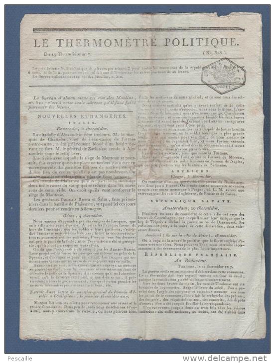 LE THERMOMETRE POLITIQUE 19 THERMIDOR AN 7 - ITALIE ROVEREDO GENES CORNIGLIANO - TOULOUSE - JACOBINS - GIRONDE - - Journaux Anciens - Avant 1800