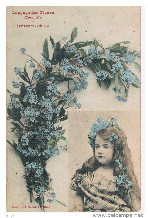 CARTE D'ENFANT - FILLETTE Et FLEURS-Langage Des Fleurs - Myosotis- A  BERGERET - Bergeret