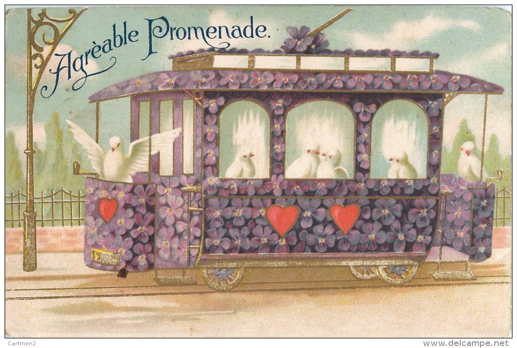 BELLE CPA : TRAMWAY DE VIOLETTES AVEC COLOMBES TRAM AGREABLE PROMENADE FANTAISIE FLEURS - Tram