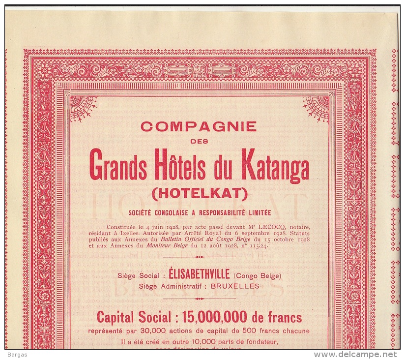 Lot 3 Actions Congo Afrique GRANDS HOTELS DU KATANGA HOTELKAT - Afrique