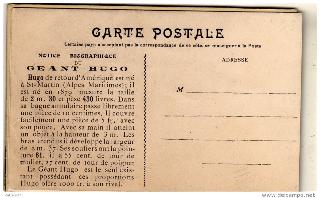 ITALIE VINADIA Cirque Géant Il Gigante UGO Et Non HUGO Baptiste Né Nato 1876 à Vinadia Et Non E No En 1879 à St Martin - Cuneo