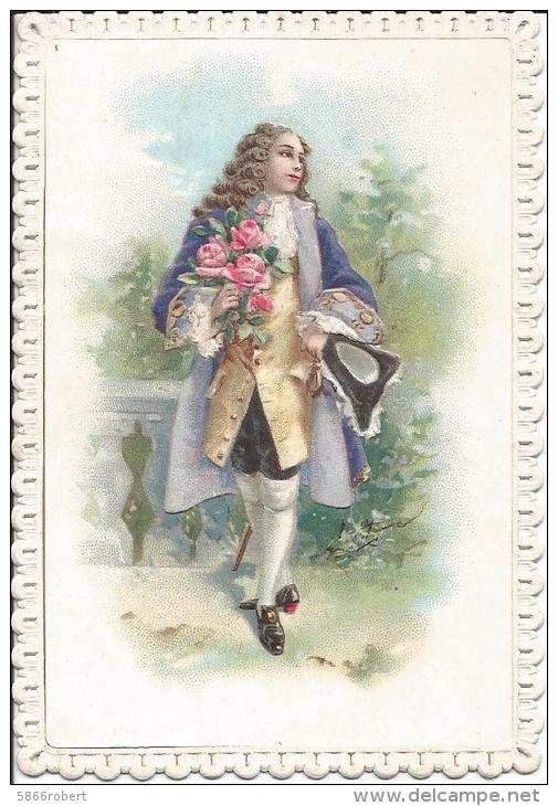 CHROMO 11CM/07CM ORIGINALE ANCIENNE GAUFFREE ET DENTELEE : MONSIEUR LE MARQUIS DE VIOLET VETUE ; ROSES - Artis Historia