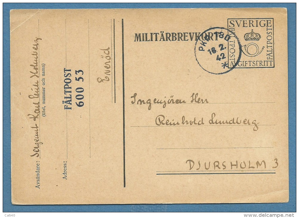 SVERIGE   MILITARBREVKORT 1942 - FALPOST 600 53 - Militaires