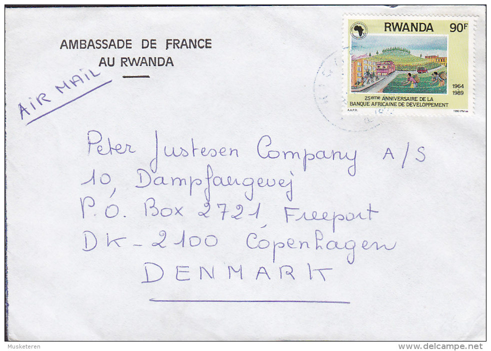 Rwanda AMBASSADE DE FRANCEKIGALI 1989 Cover Lettre To Denmark Afrikanische Entwicklungsbank 90 Fr Stamp - Sonstige & Ohne Zuordnung