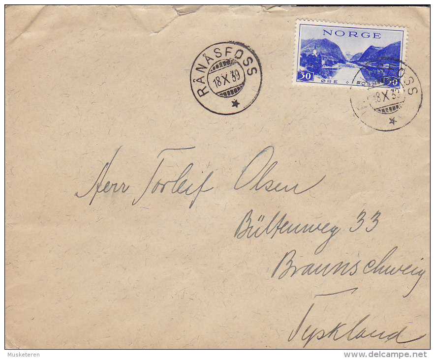 Norway Deluxe RÅNÅSFOSS 1939 Cover Brief To BRAUNSCHWEIG Germany 30 Ø Sunn-Fjord Stamp - Covers & Documents