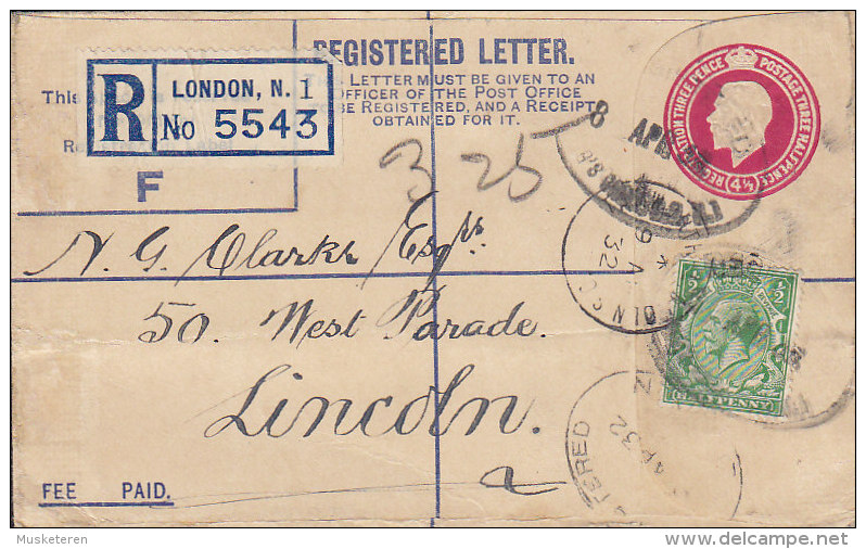 Great Britain Uprated Registered Postal Stationery Ganzsache Entier 4½ P King George V. 1932 To LINCOLN (2 Scans) - Covers & Documents