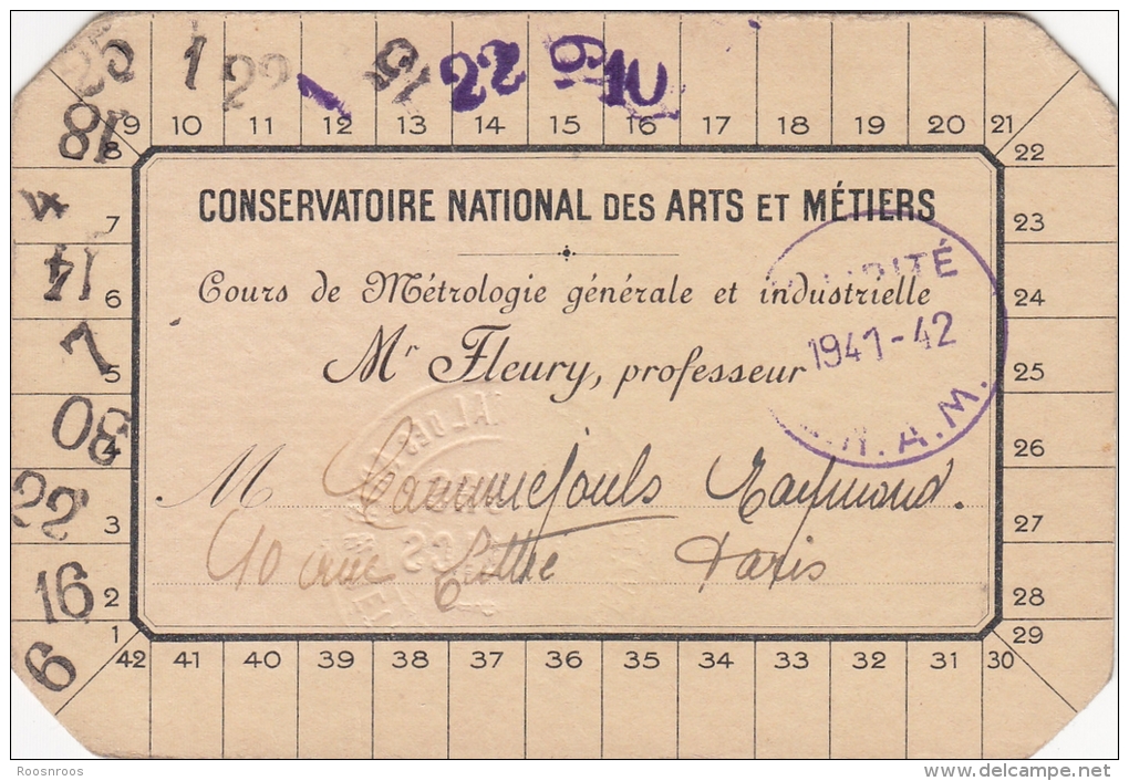 CARTE AUDITEUR CNAM METROLOGIE GENERALE PROFESSEUR FLORY 1941-1942 - Membership Cards